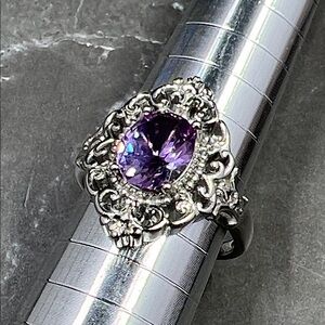 Sterling Silver Faceted Oval Amethyst Filigree Ring